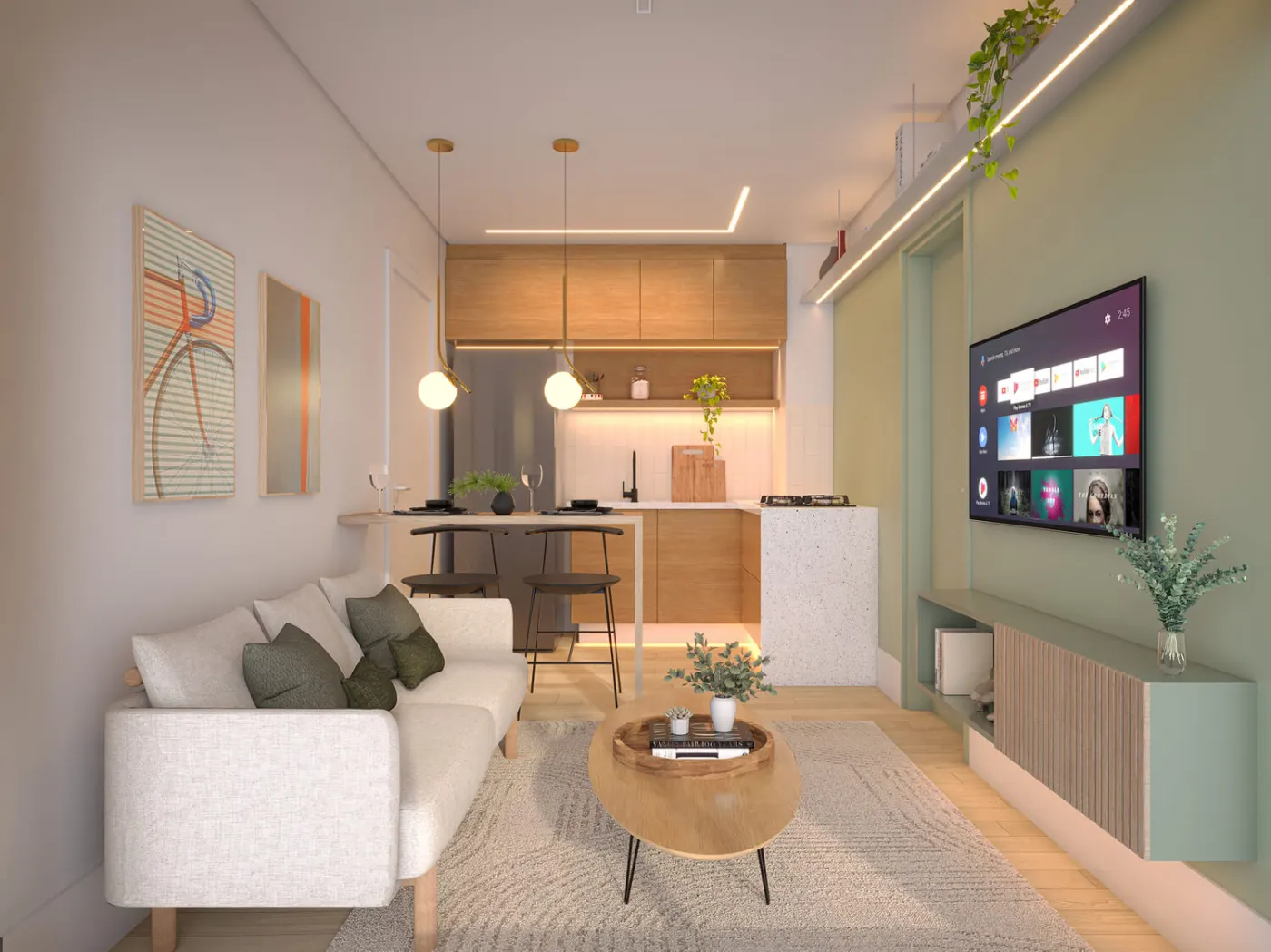 Living do apartamento de 1 dormitório de 27,43 m² do Mood Tatuapé — perspectiva ilustrativa