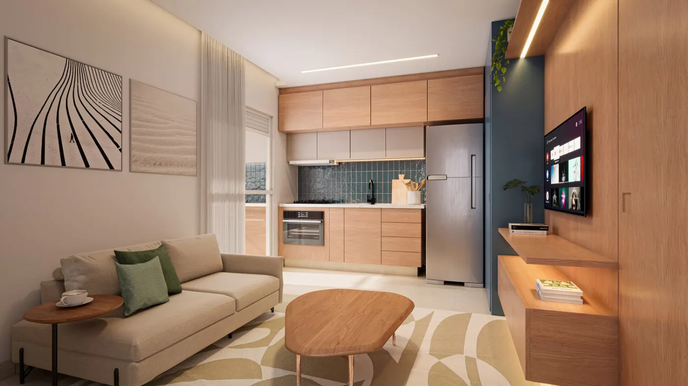 Living do apartamento de 2 dormitórios de 37,01 m² do Mood Tatuapé — perspectiva ilustrativa