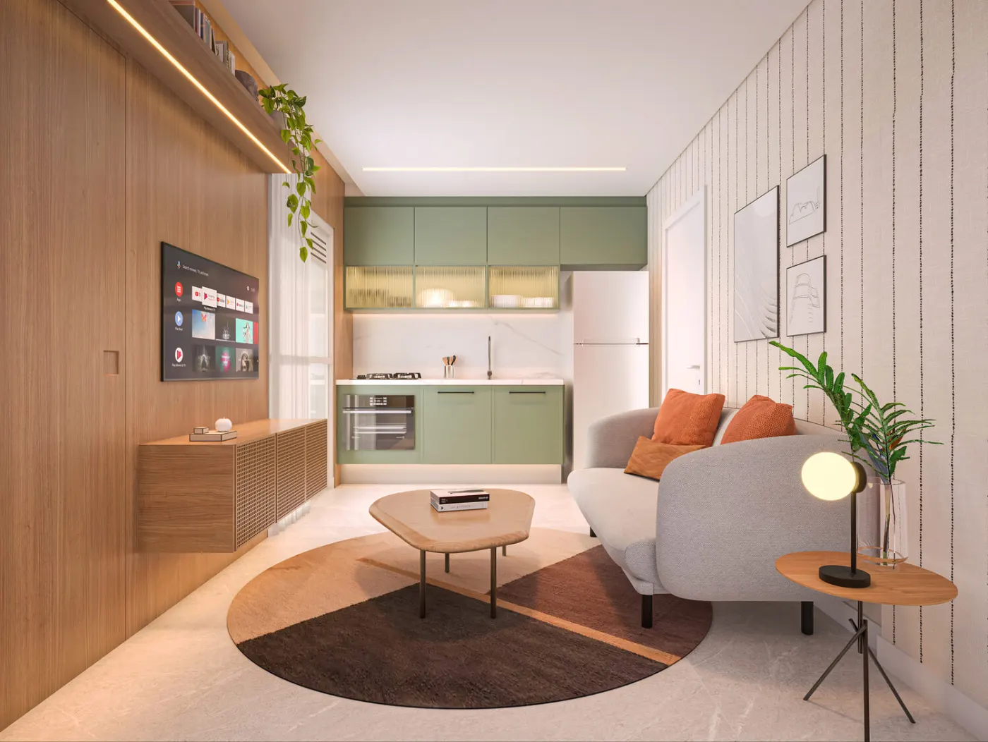 Living do apartamento de 2 dormitórios de 37,79 m² do Mood Tatuapé — perspectiva ilustrativa