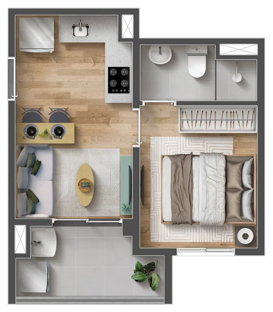 Planta do apartamento de 1 dormitório com 27,43 m² do Mood Tatuapé — perspectiva ilustrativa