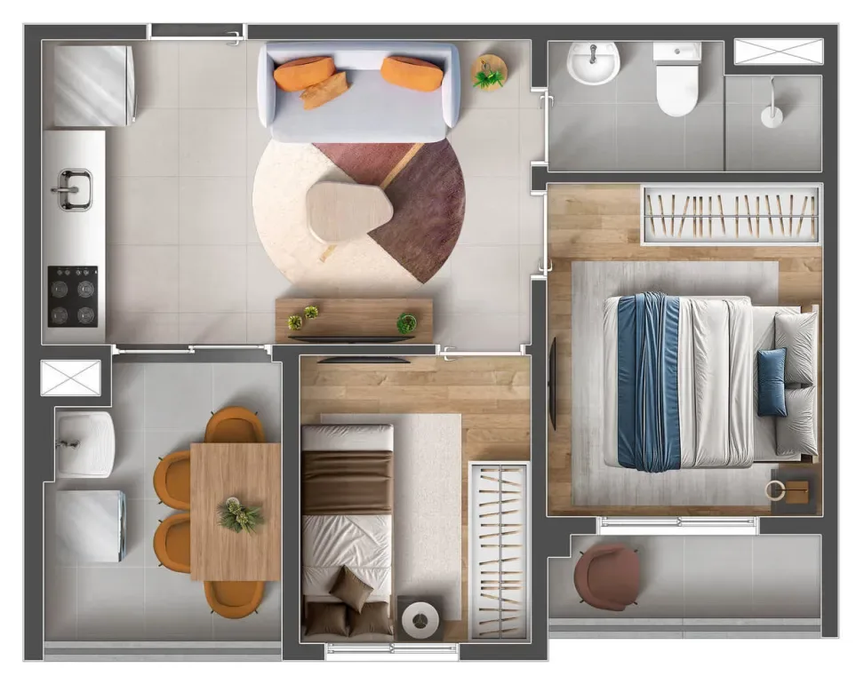 Planta do apartamento de 2 dormitórios com 37,79 m² do Mood Tatuapé — perspectiva ilustrativa