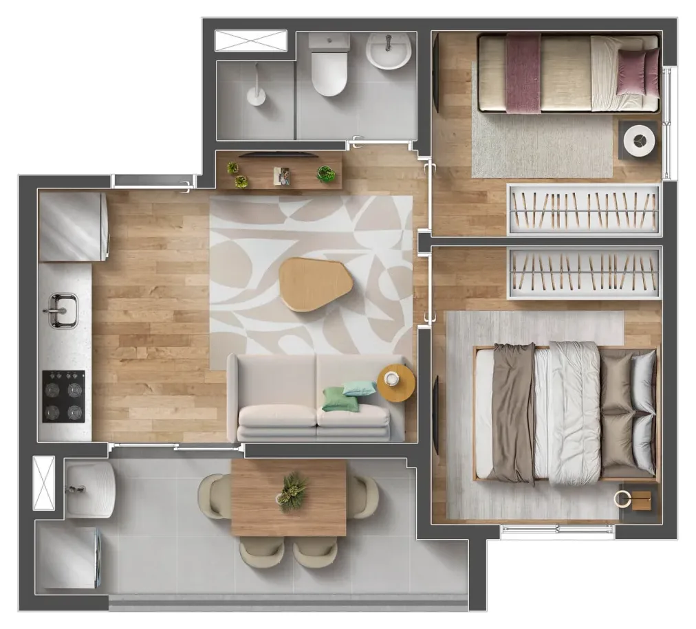 Planta do apartamento de 2 dormitórios de ponta com 37,01 m² do Mood Tatuapé — perspectiva ilustrativa