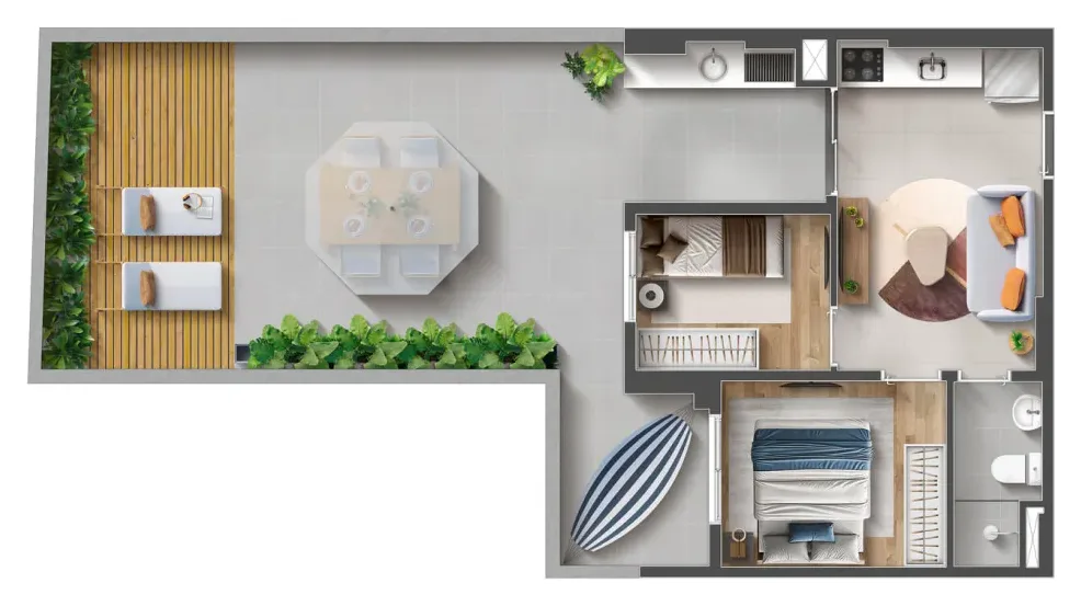 Planta do garden de 2 dormitórios do Mood Tatuapé com área externa privativa — perspectiva ilustrativa