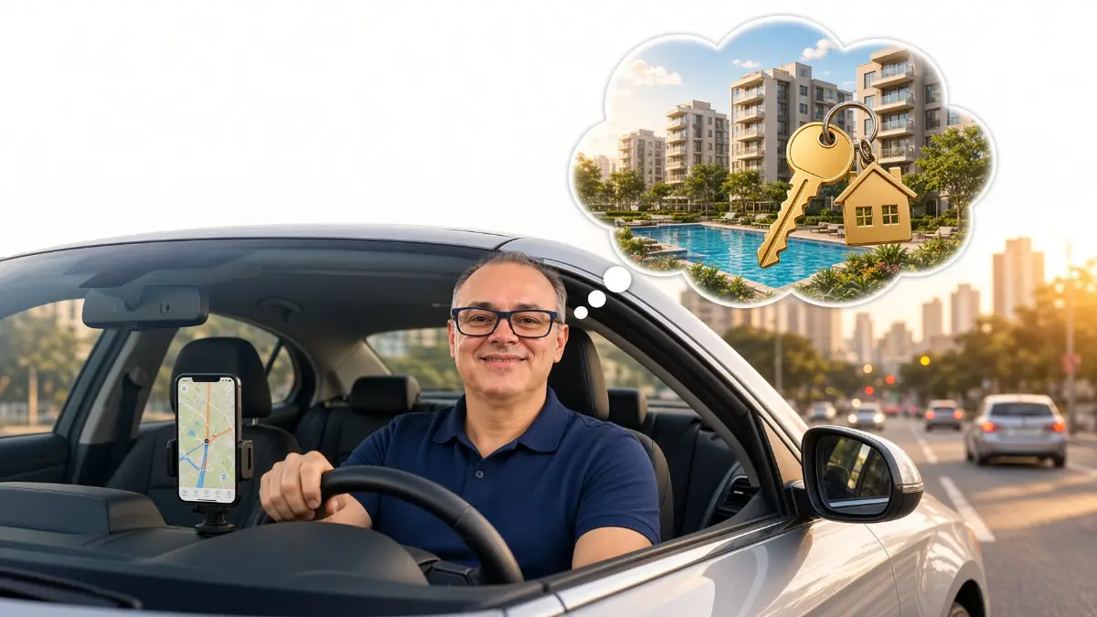 Motorista de aplicativo sorrindo ao volante e pensando em comprar o apartamento próprio pelo Minha Casa Minha Vida