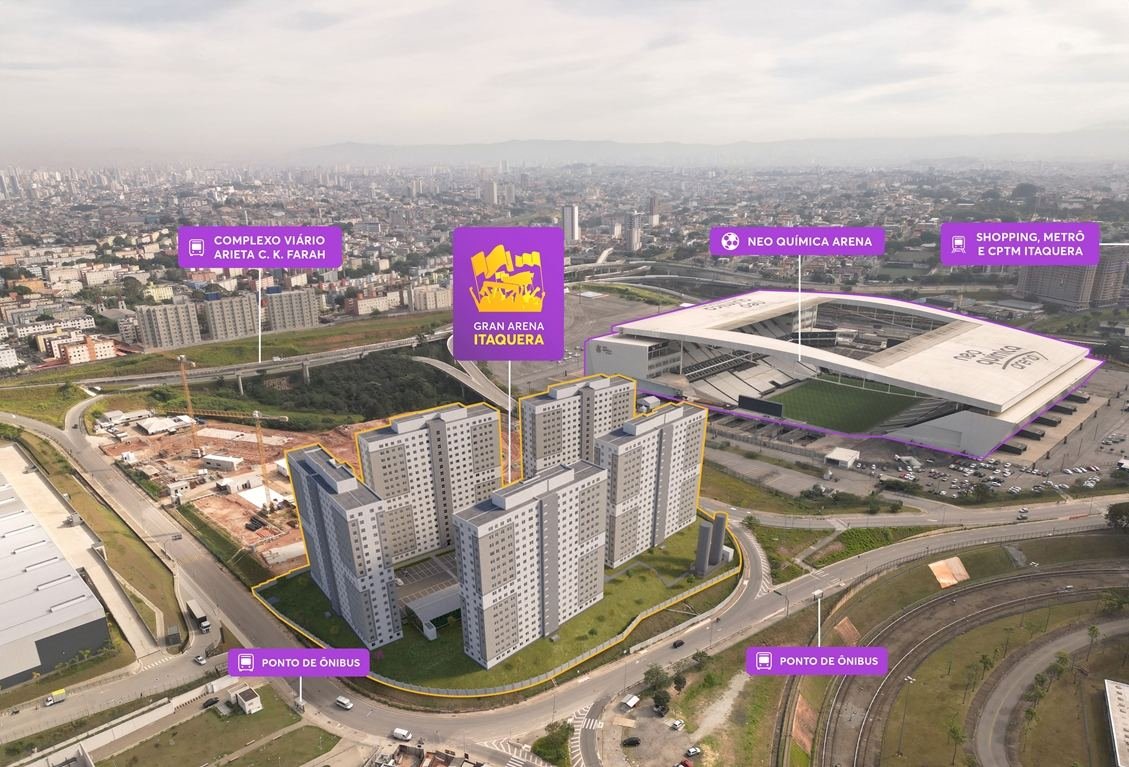 Vista aérea com a Neo Química Arena do Gran Arena Itaquera, MRV em Itaquera, perspectiva ilustrativa