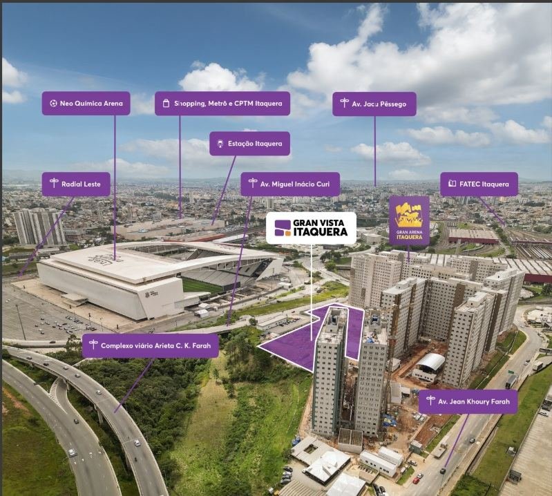 Vista aérea com a Neo Química Arena do Gran Vista Itaquera, MRV em Itaquera, perspectiva ilustrativa