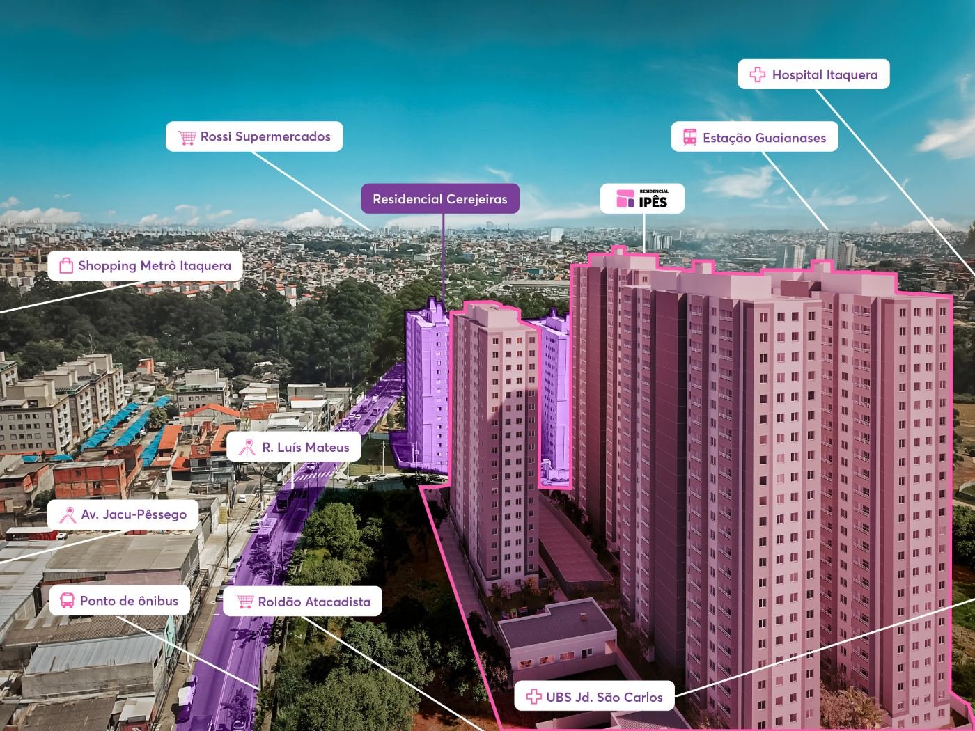 Vista aérea da região do Residencial Ipês, MRV em Itaquera, perspectiva ilustrativa