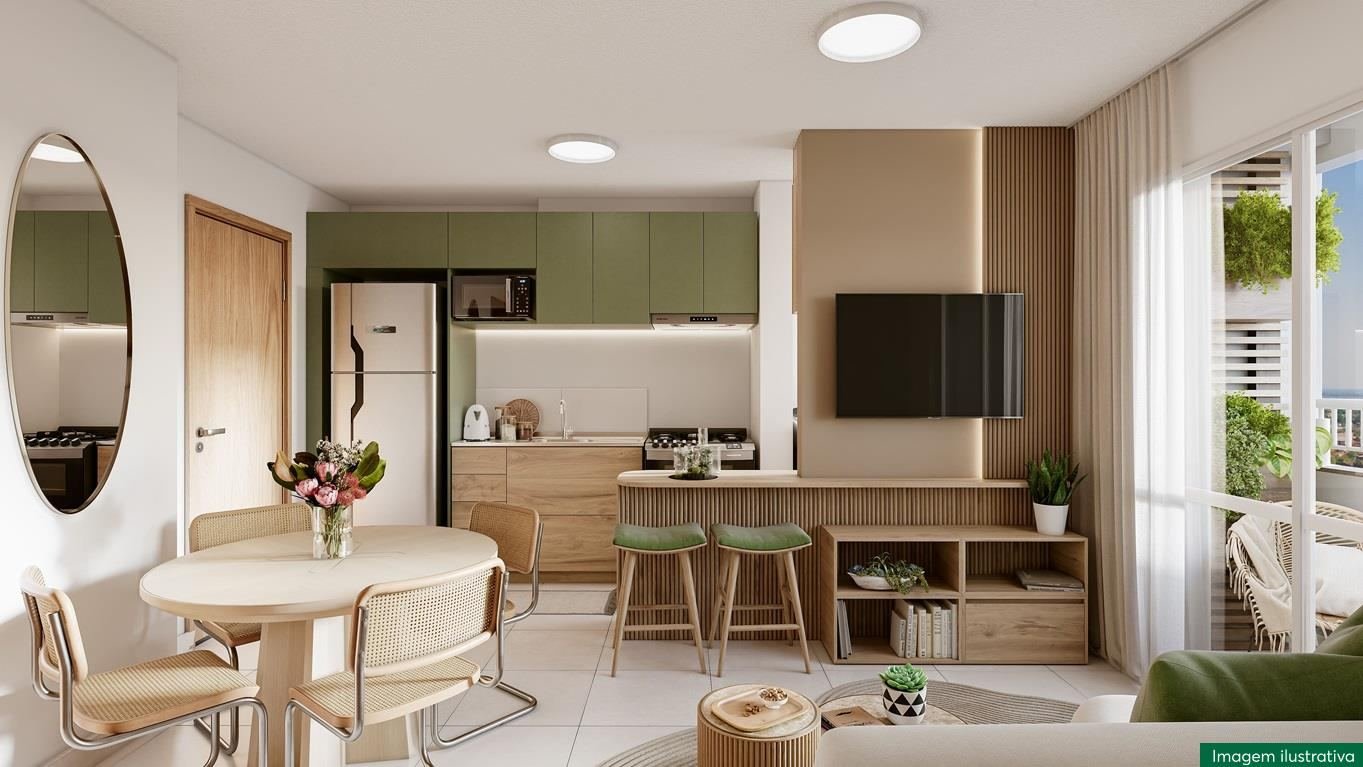 Sala e cozinha do Residencial Ipês, MRV em Itaquera, perspectiva ilustrativa