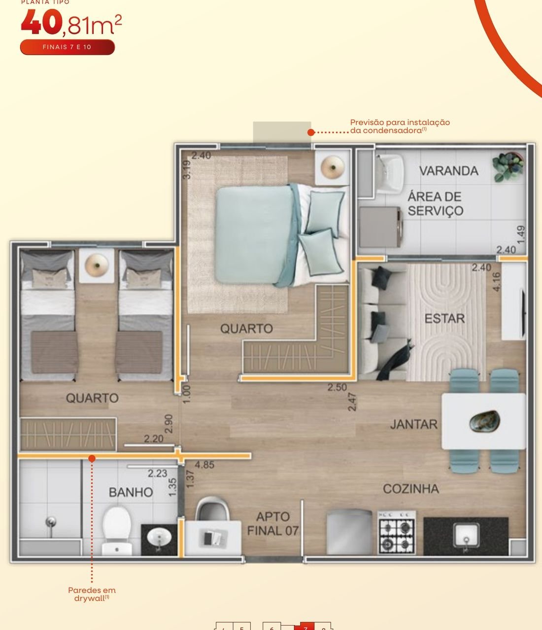 Planta de 2 dorms · 40,81 m² do Origem Itaquera — perspectiva ilustrativa