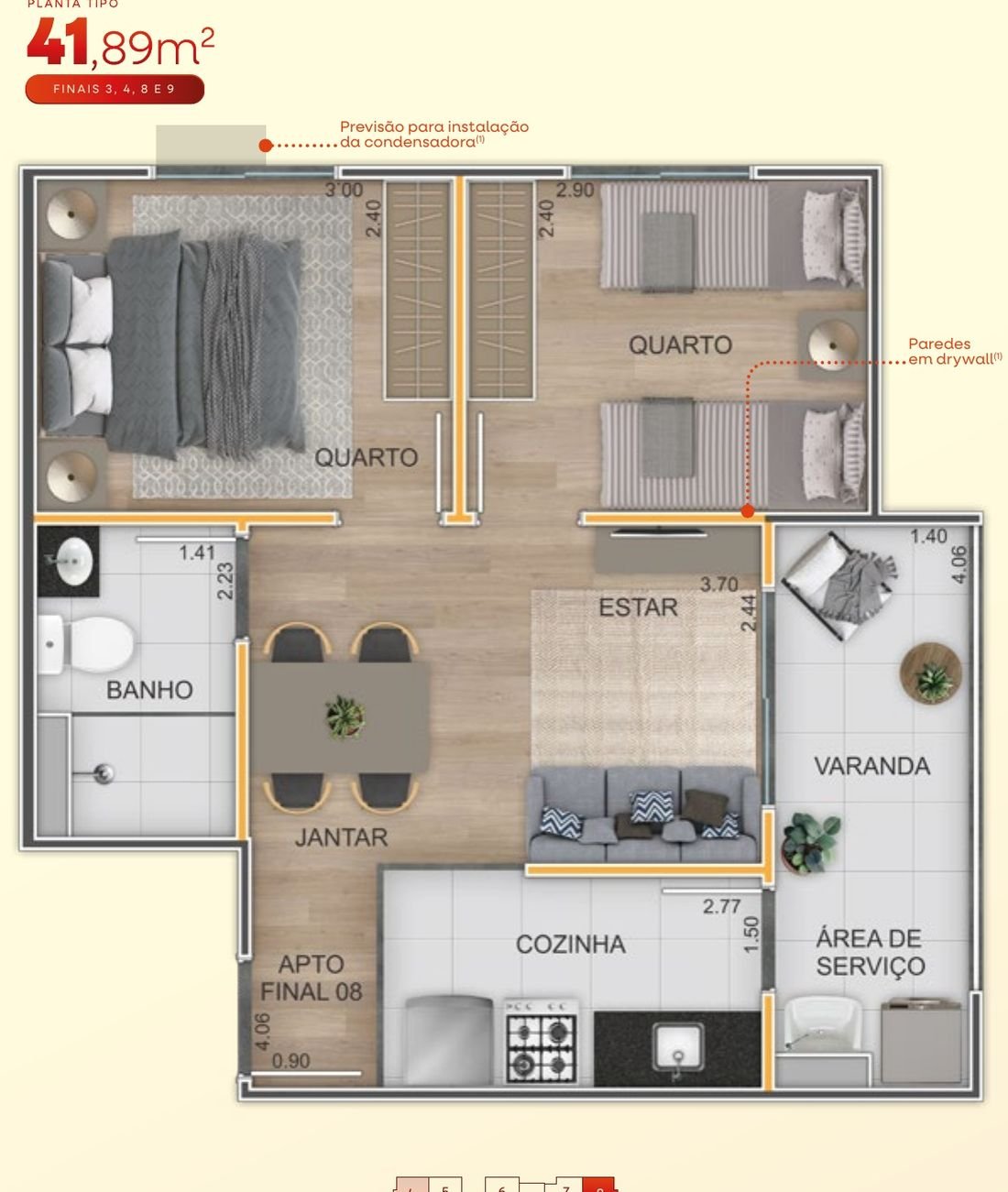 Planta de 2 dorms · 41,89 m² do Origem Itaquera — perspectiva ilustrativa