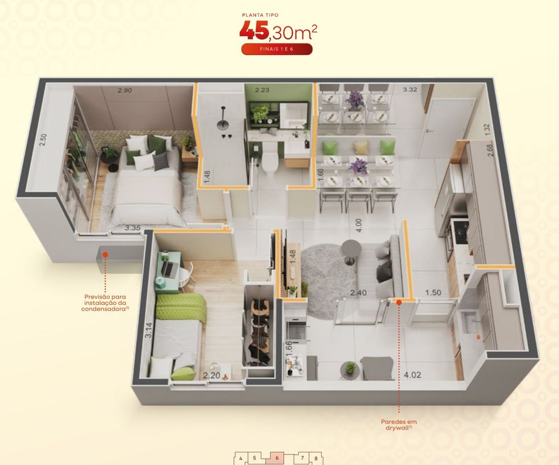 Planta de 2 dorms · 45,30 m² do Origem Itaquera — perspectiva ilustrativa