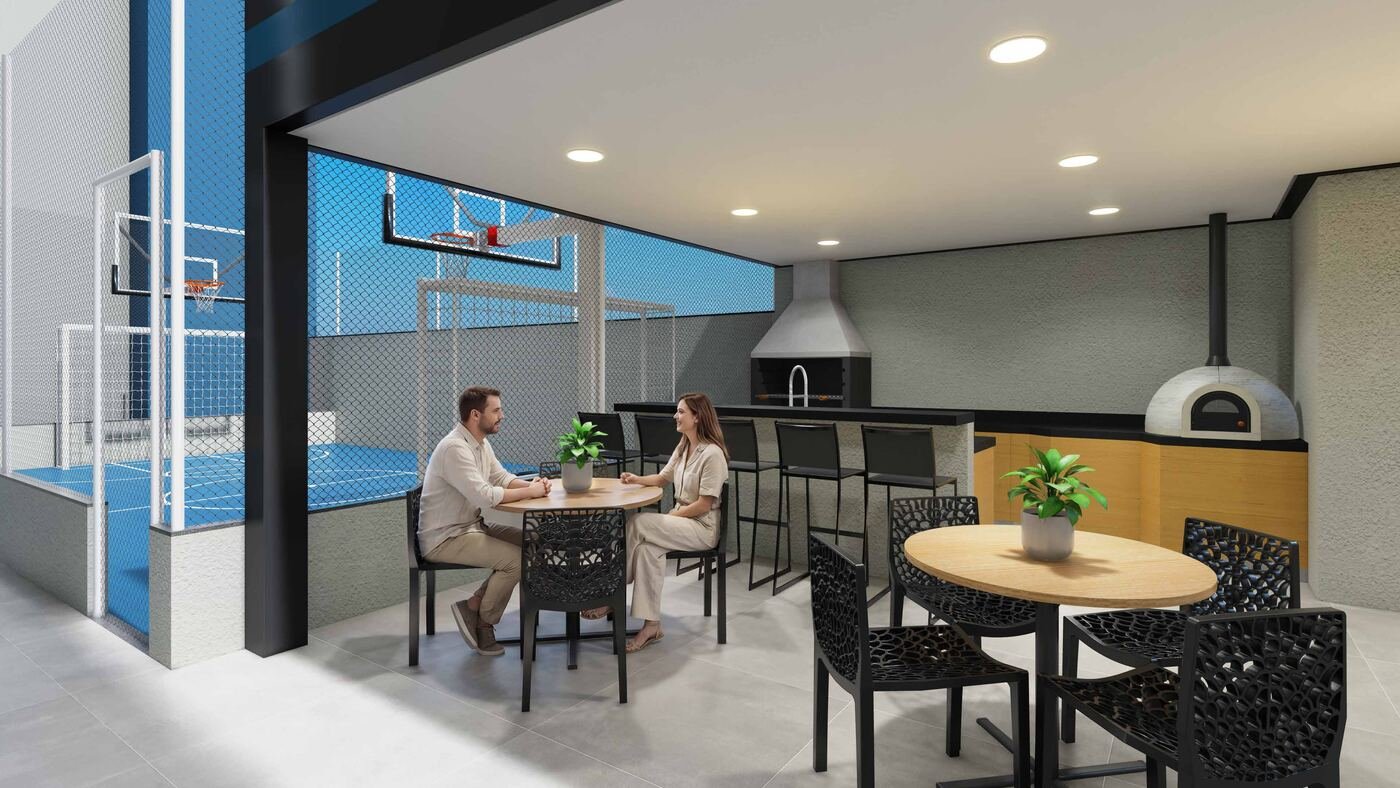 Churrasqueira e espaço gourmet com forno de pizza no Residencial Paradiso Itaquera — perspectiva ilustrativa