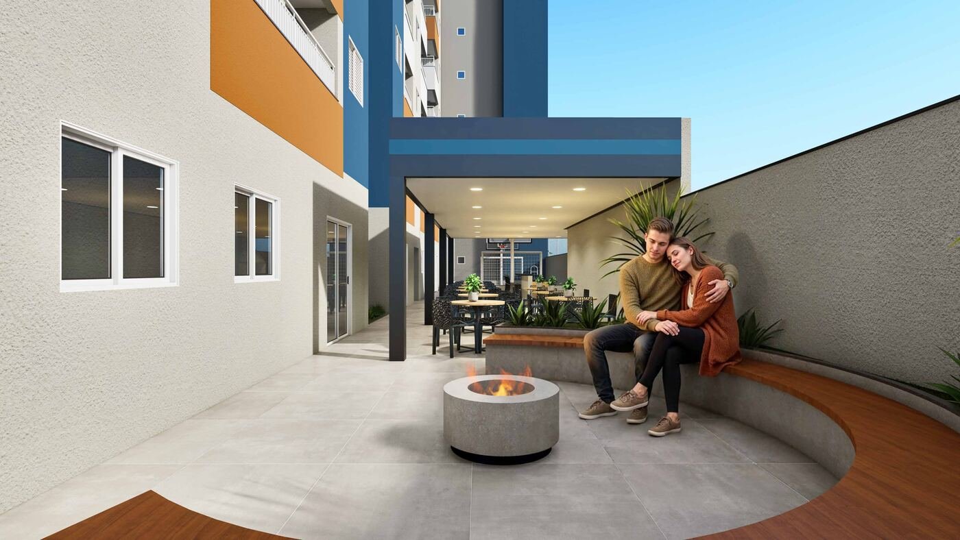 Fire place com banco circular no Residencial Paradiso Itaquera — perspectiva ilustrativa