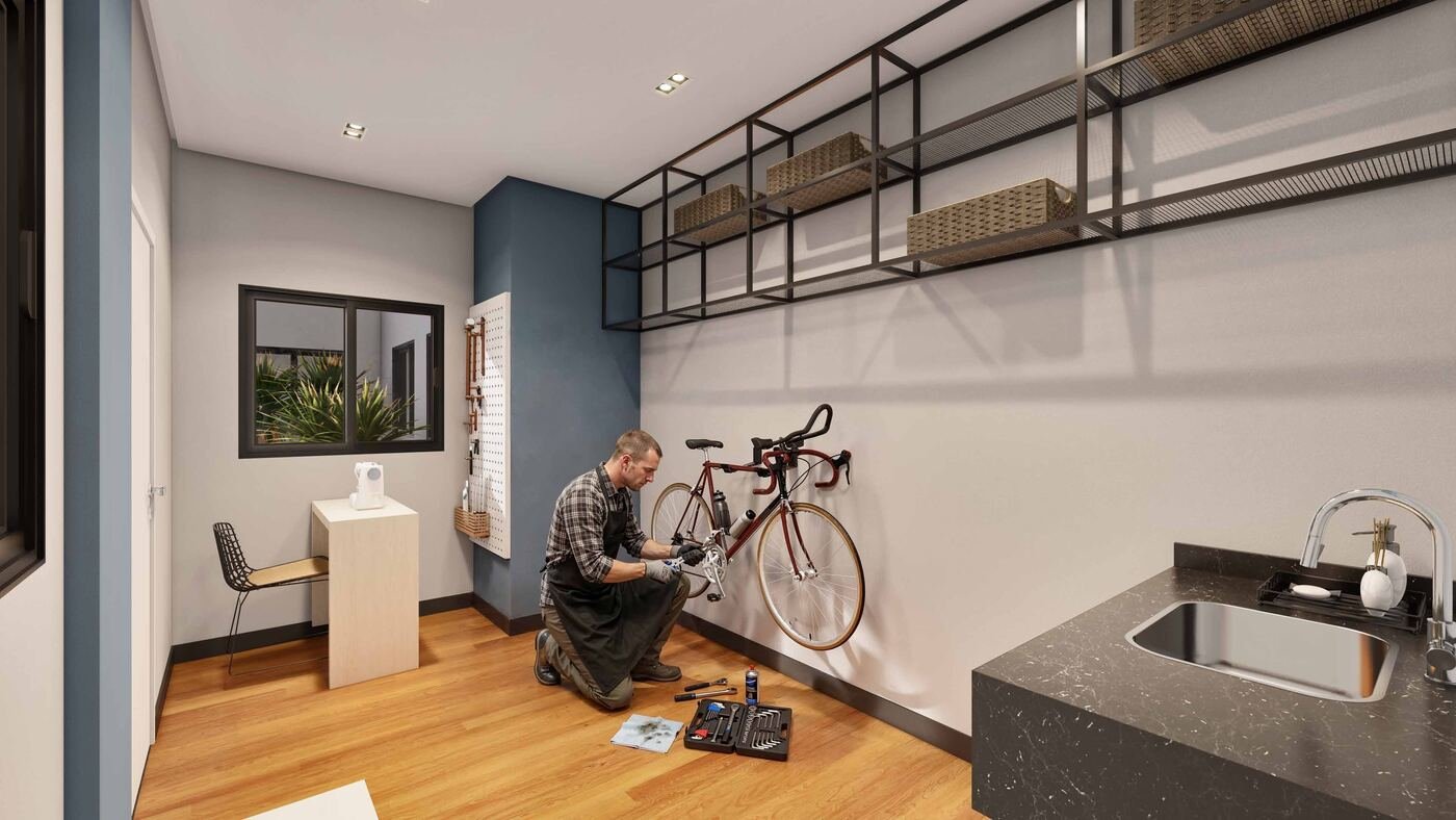 Oficina e espaço multiuso para bicicletas no Residencial Paradiso Itaquera — perspectiva ilustrativa