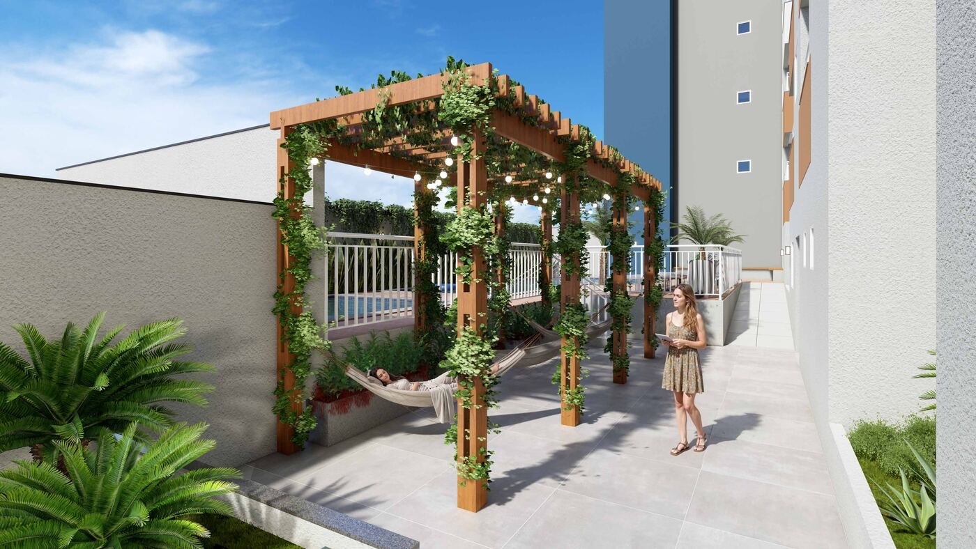 Redário com pergolado no Residencial Paradiso Itaquera — perspectiva ilustrativa