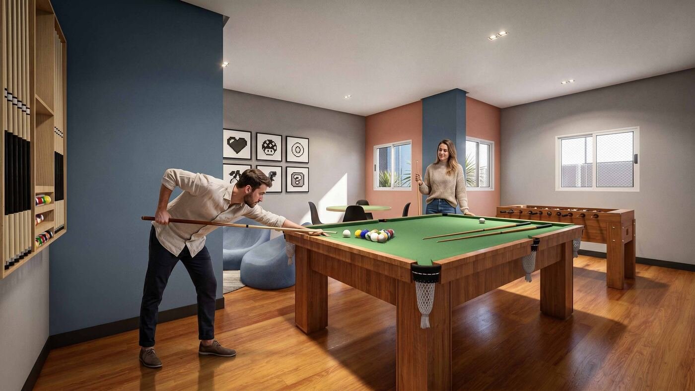 Salão de jogos com mesa de sinuca no Residencial Paradiso Itaquera — perspectiva ilustrativa