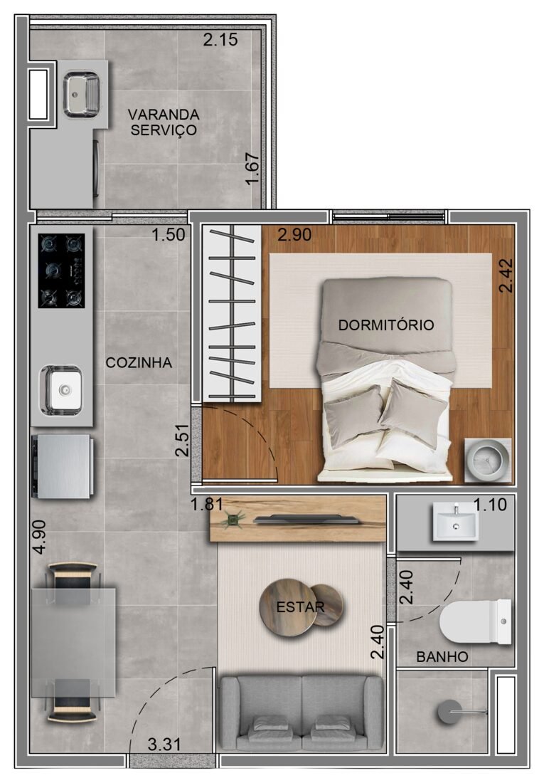 Planta 1A, apartamento de 1 dormitório com 28,56 m² no Residencial Paradiso Itaquera — imagem ilustrativa