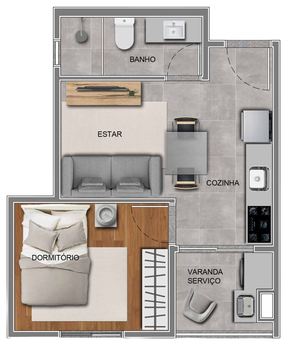 Planta 1B, apartamento de 1 dormitório com cerca de 27 m² no Residencial Paradiso Itaquera — imagem ilustrativa