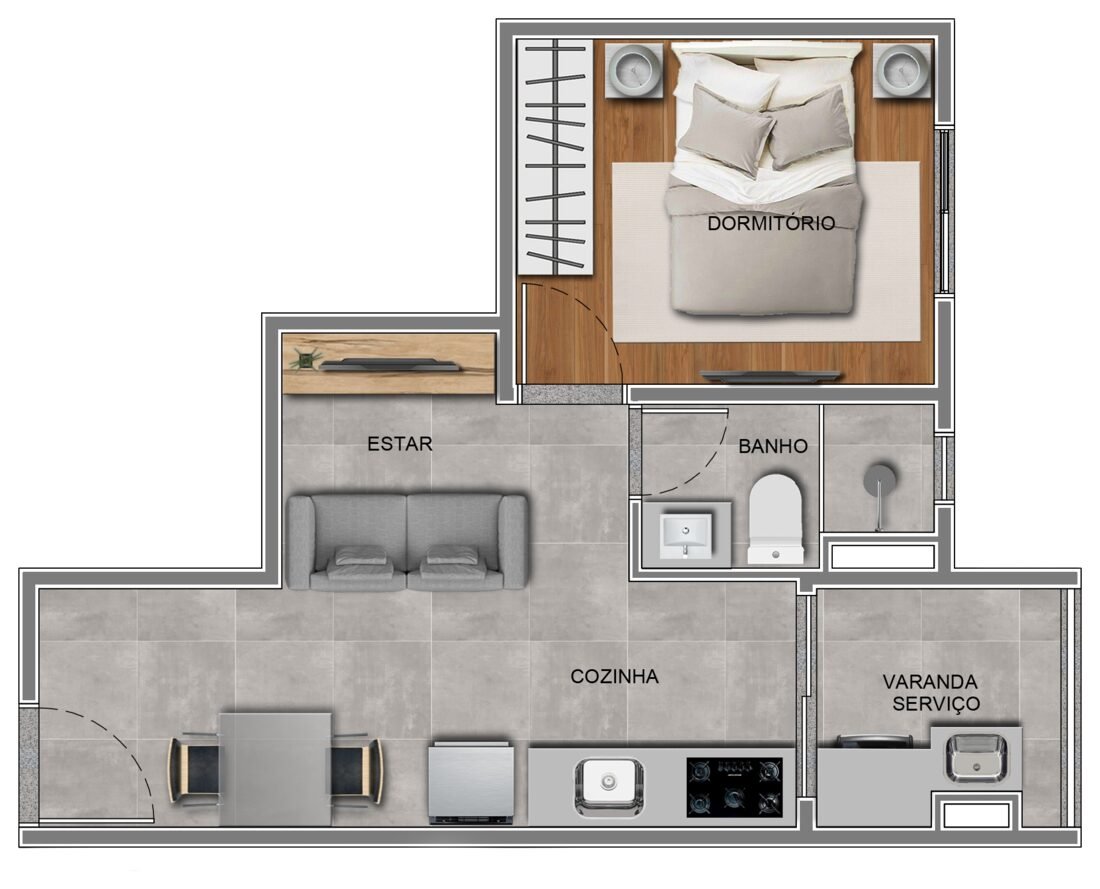 Planta 1D, apartamento de 1 dormitório com 28,21 m² no Residencial Paradiso Itaquera — imagem ilustrativa