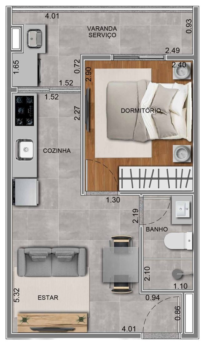 Planta 1E, apartamento de 1 dormitório com 30,21 m² no Residencial Paradiso Itaquera — imagem ilustrativa