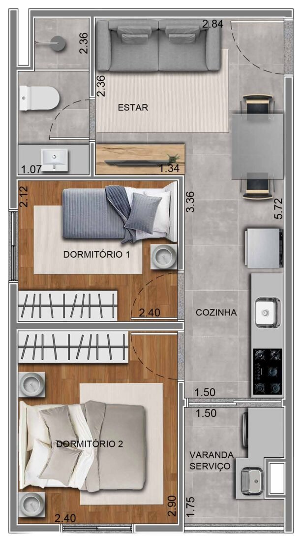 Planta 2A, apartamento de 2 dormitórios com 32,93 m² no Residencial Paradiso Itaquera — imagem ilustrativa