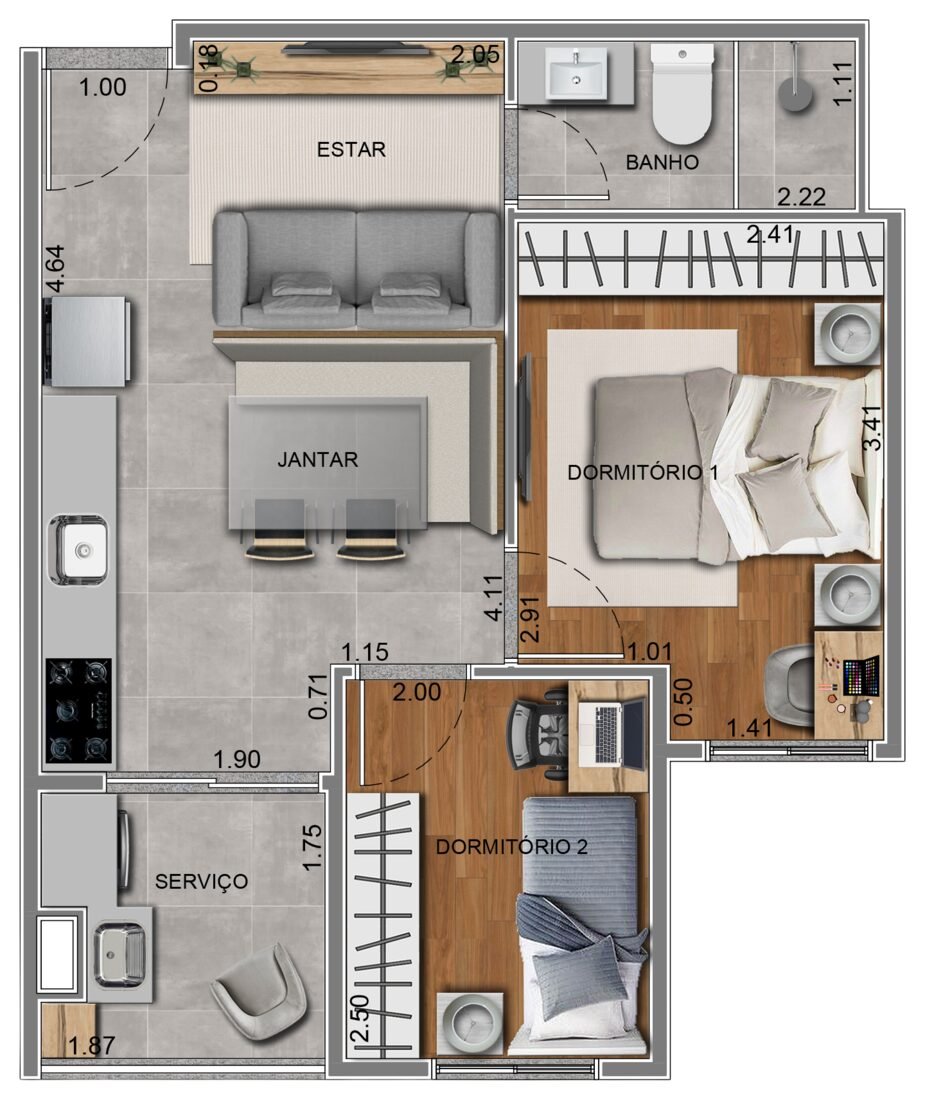 Planta 2B, apartamento de 2 dormitórios com 36,78 m² no Residencial Paradiso Itaquera — imagem ilustrativa