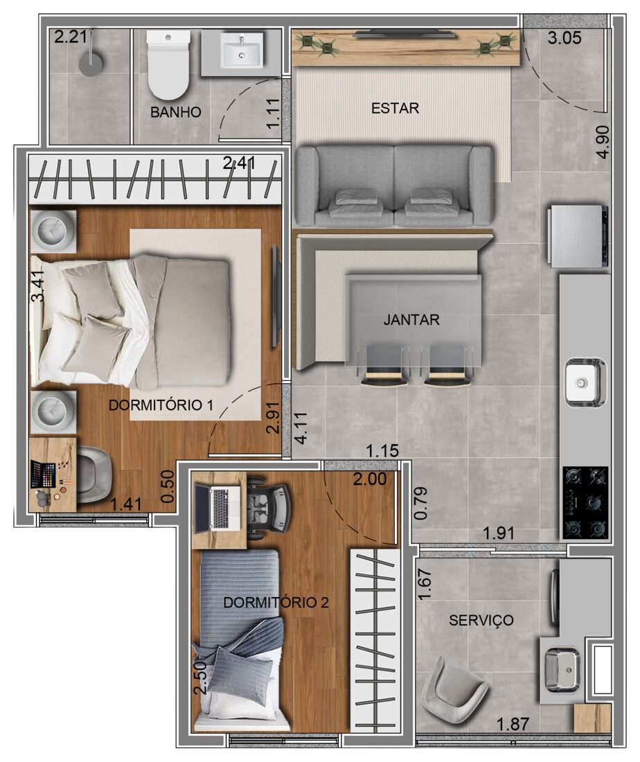 Planta 2C, apartamento de 2 dormitórios com 36,94 m² no Residencial Paradiso Itaquera — imagem ilustrativa