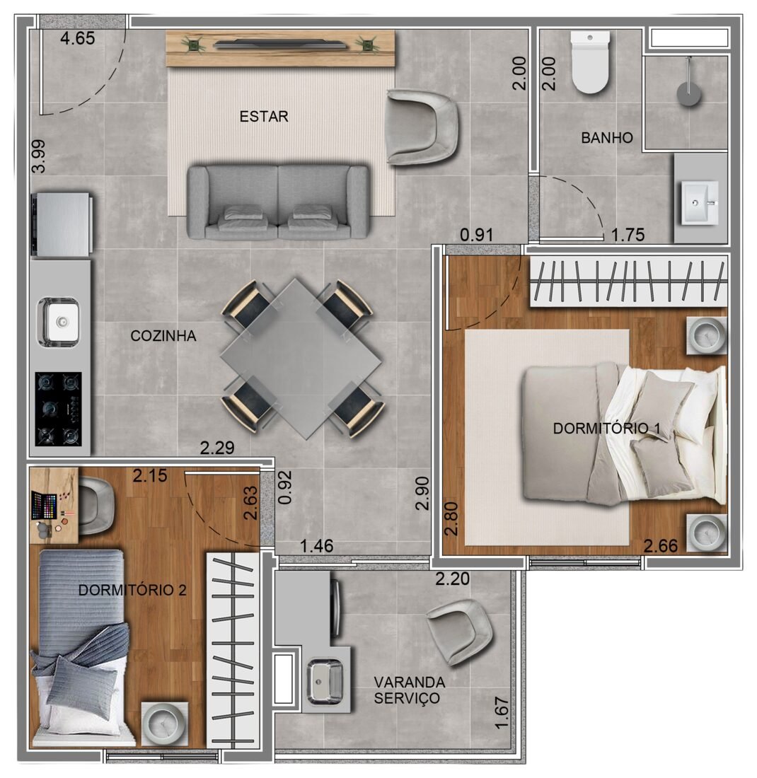 Planta 2D, apartamento de 2 dormitórios com cerca de 42 m² no Residencial Paradiso Itaquera — imagem ilustrativa