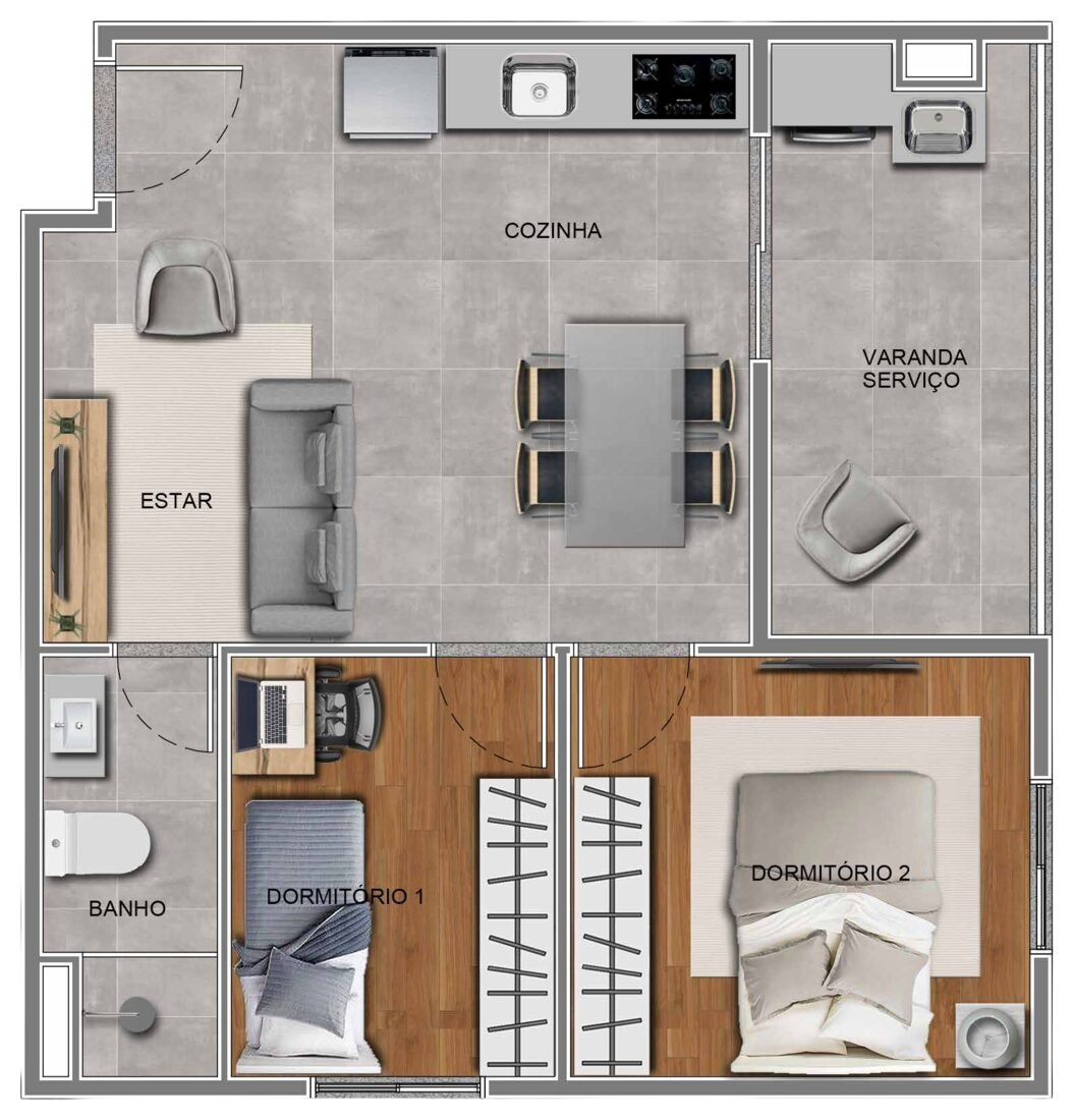 Planta 2E, apartamento de 2 dormitórios com 42,91 m² no Residencial Paradiso Itaquera — imagem ilustrativa
