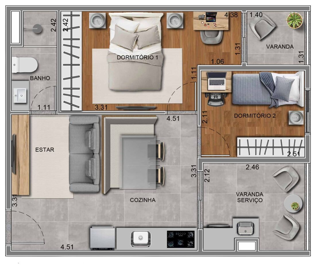 Planta 2F, apartamento de 2 dormitórios com duas varandas e 43,62 m² no Residencial Paradiso Itaquera — imagem ilustrativa