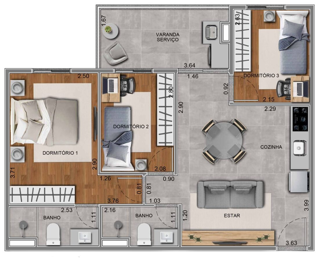 Planta 3, apartamento de 3 dormitórios e 2 banheiros com 55,76 m² no Residencial Paradiso Itaquera — imagem ilustrativa