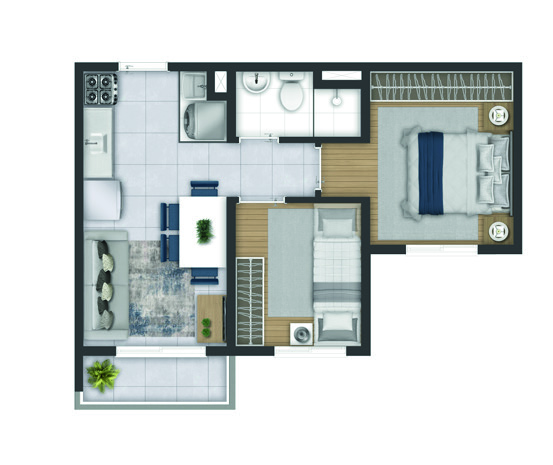Planta 2 dormitórios com varanda de 35,23 m² do Parque Aruá São Mateus, sugestão de decoração