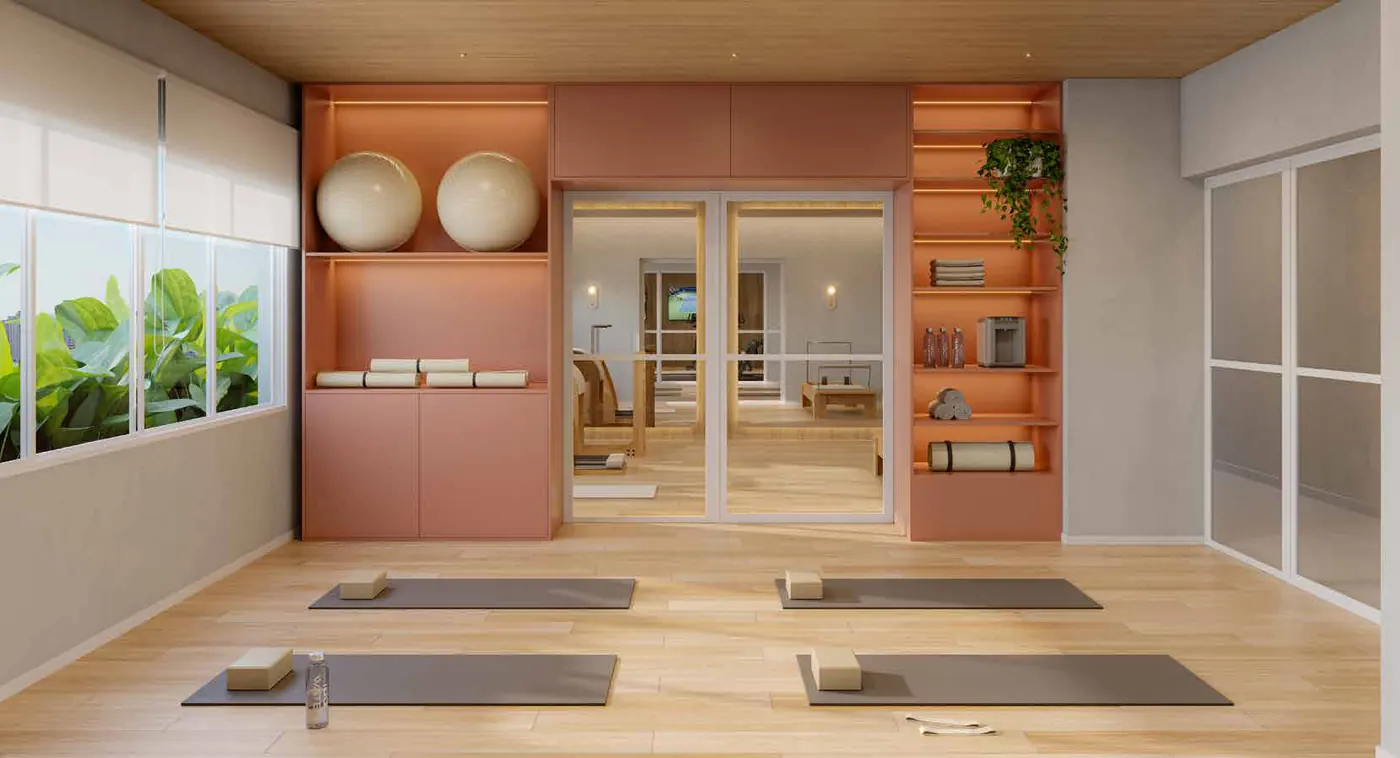Espaço yoga do Unni Brás Residences, perspectiva ilustrativa