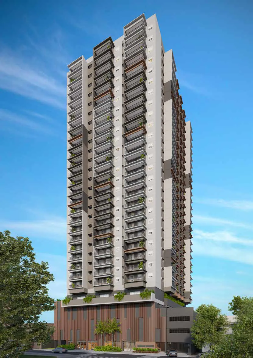 Fachada do Unni Brás Residences, torre única de 28 andares, perspectiva ilustrativa