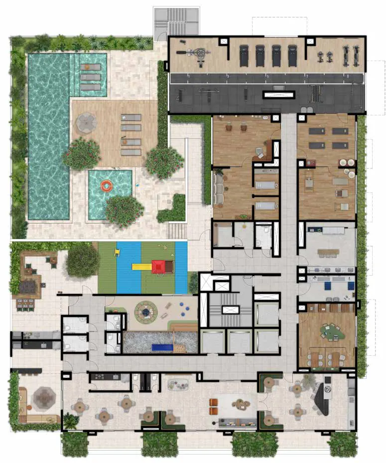 Implantação do 4º pavimento do Unni Brás Residences, perspectiva ilustrativa