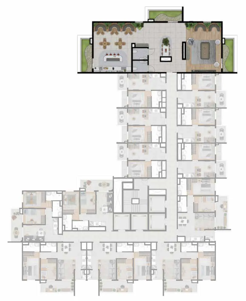Implantação do rooftop (28º pavimento) do Unni Brás Residences, perspectiva ilustrativa