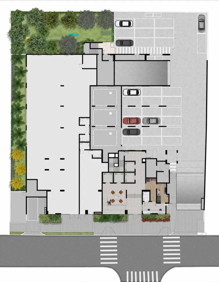 Implantação do térreo do Unni Brás Residences, perspectiva ilustrativa