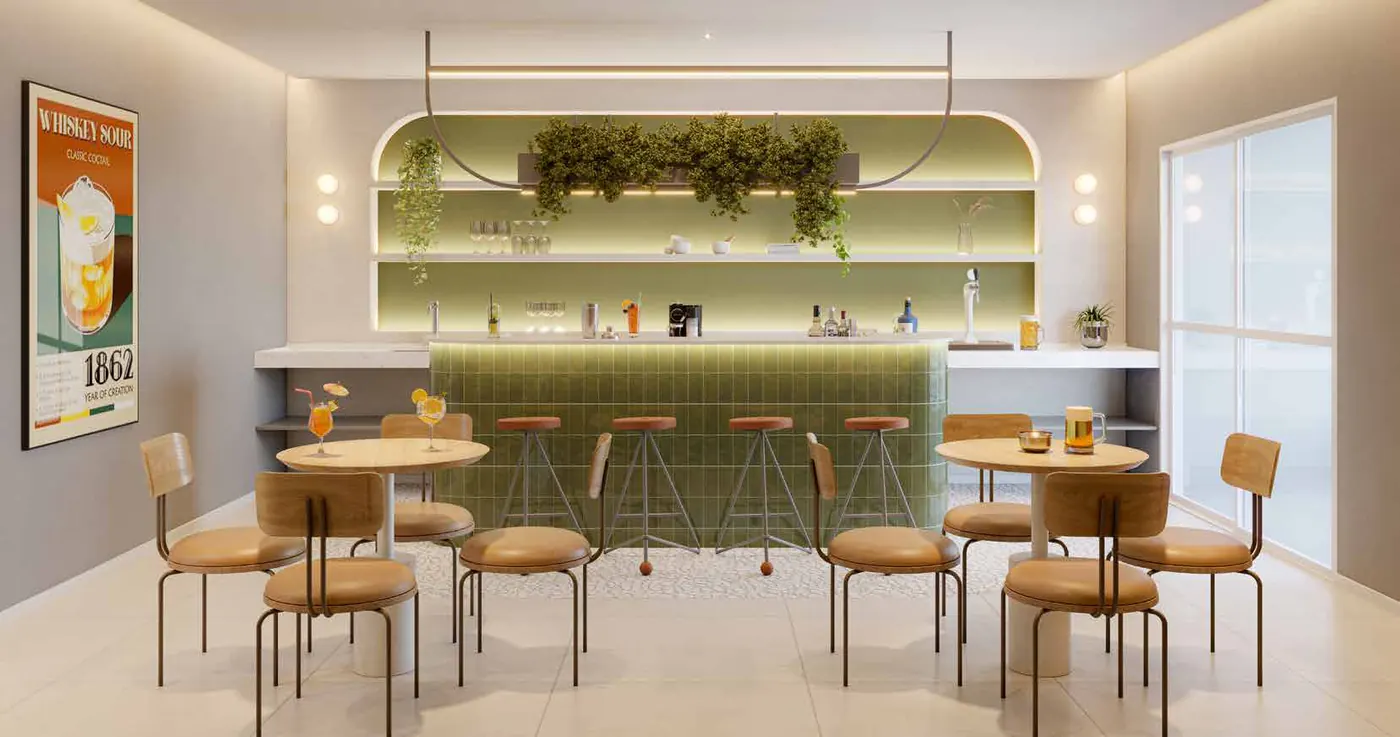 Lounge bar do Unni Brás Residences, perspectiva ilustrativa