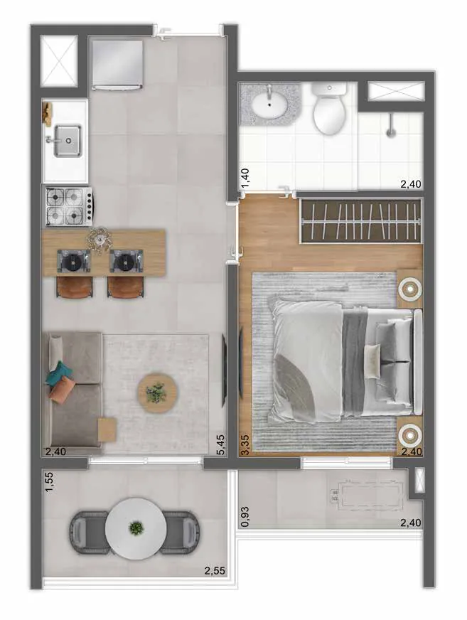 Planta de 33 m² com 1 dormitório (suíte) com terraço, Unni Brás Residences, sugestão de decoração