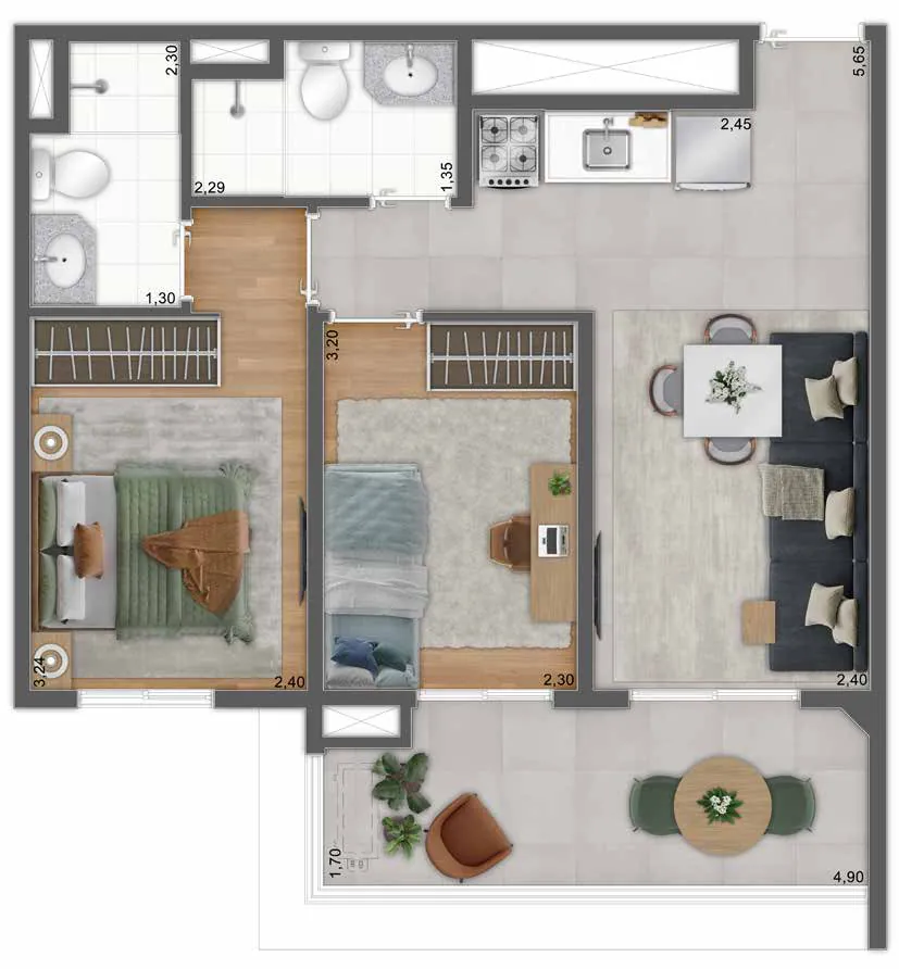 Planta de 51 m² com 2 dormitórios (1 suíte), terraço e vaga, Unni Brás Residences, sugestão de decoração