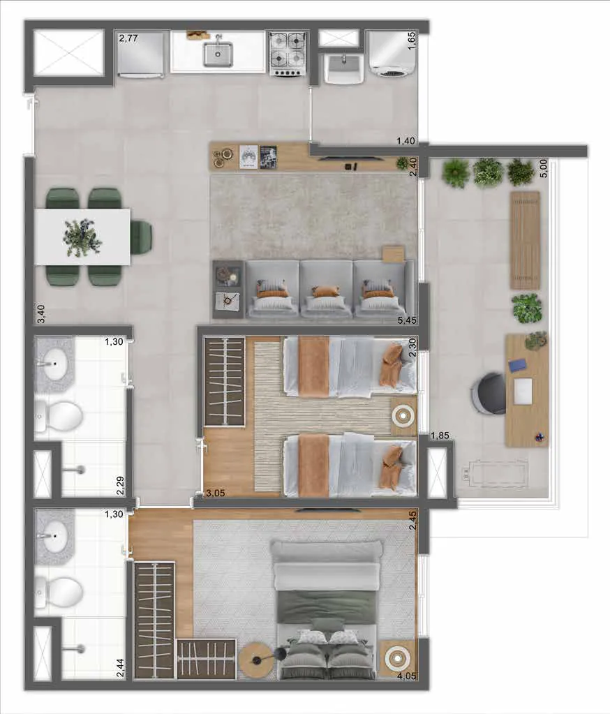 Planta de 62 m² com 2 dormitórios (1 suíte), terraço e vaga, Unni Brás Residences, sugestão de decoração