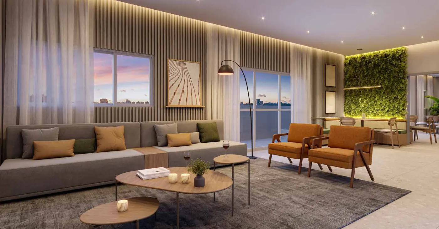 Salão de festas do Unni Brás Residences, perspectiva ilustrativa