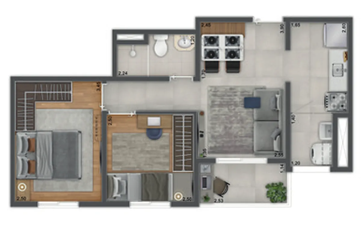 Planta de 44,63 m² com 2 dormitórios, UNNI Limão, sugestão de decoração