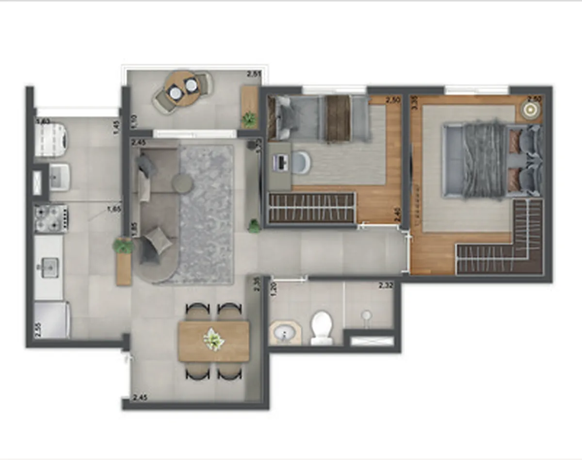 Planta de 47,20 m² com 2 dormitórios, UNNI Limão, sugestão de decoração