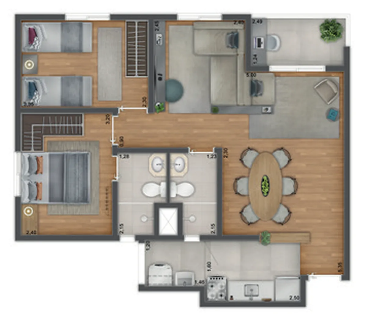 Planta de 59,05 m² com opção sala ampliada, UNNI Limão, sugestão de decoração