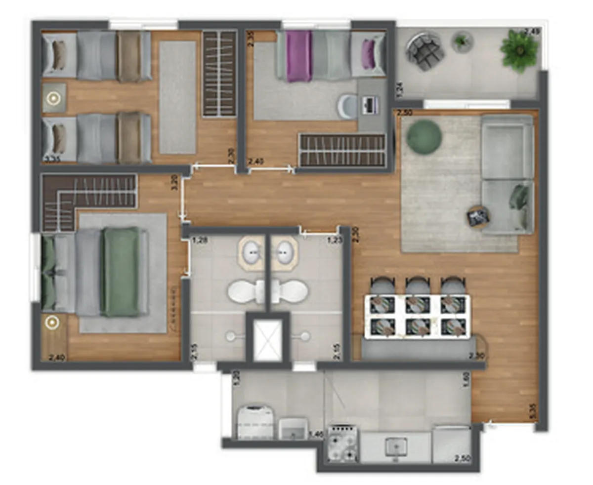 Planta de 59,05 m² com 3 dormitórios com suíte, UNNI Limão, sugestão de decoração