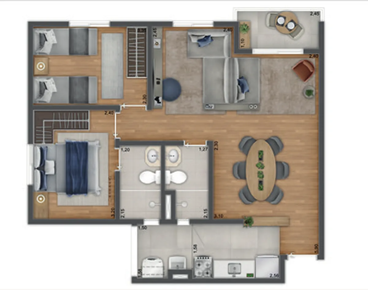 Planta de 60,52 m² com opção sala ampliada, UNNI Limão, sugestão de decoração