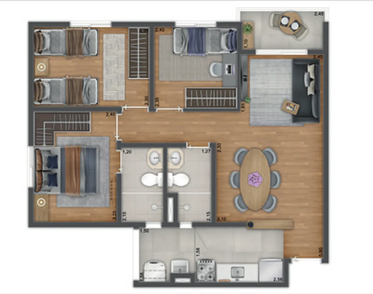 Planta de 60,52 m² com 3 dormitórios com suíte, UNNI Limão, sugestão de decoração
