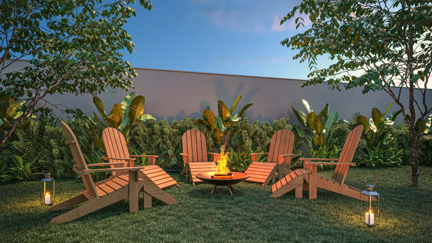 Estar externo com fire place do Vibra Origem Mooca, perspectiva ilustrativa