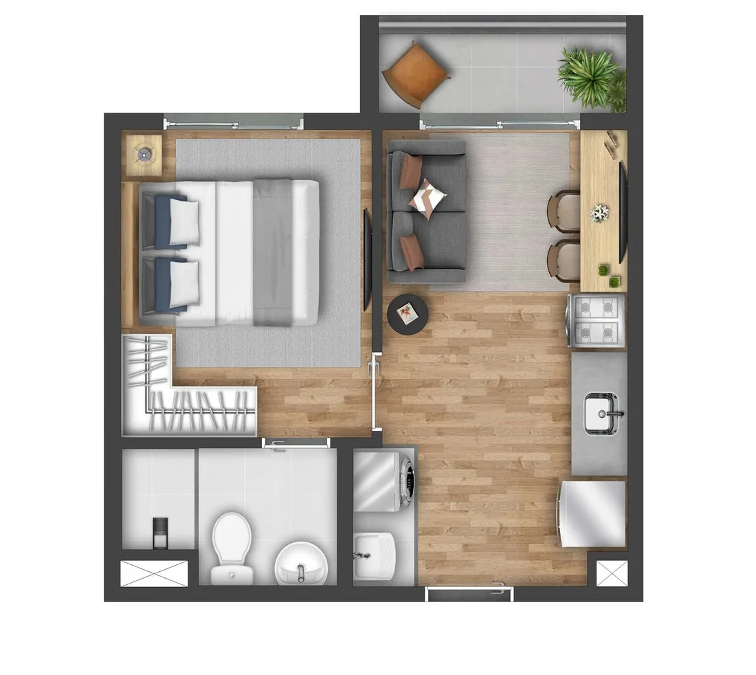 Planta de 1 quarto com varanda 27 m² do Vibra Origem Mooca, planta-tipo ilustrada